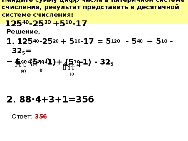 Найдите сумму цифр числа в пятеричной системе счисления, результат представить в десятичной системе счисления:  125 40 -25 20 +5 10 -17 Решение. 1. 125 40 -25 20 + 5 10 -17 = 5 120  - 5 40 + 5 10 - 32 5 = = 5 40 (5 80 -1)+ (5 10 -1) - 32 5 2. 88·4+3+1=356  Ответ: 356 