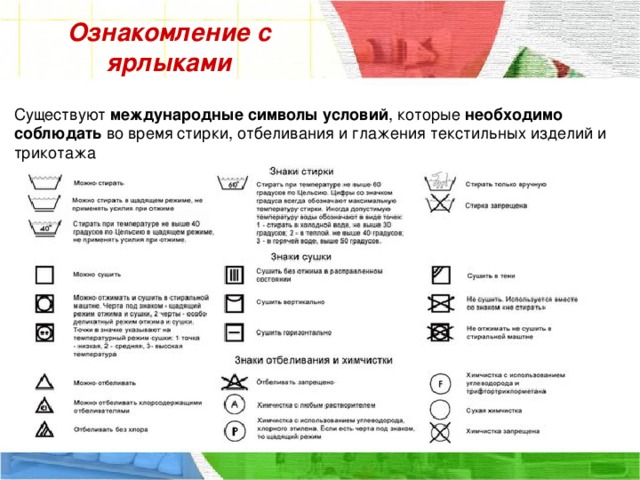 Ознакомление с ярлыками Существуют международные символы условий , которые необходимо соблюдать во время стирки, отбеливания и глажения текстильных изделий и трикотажа