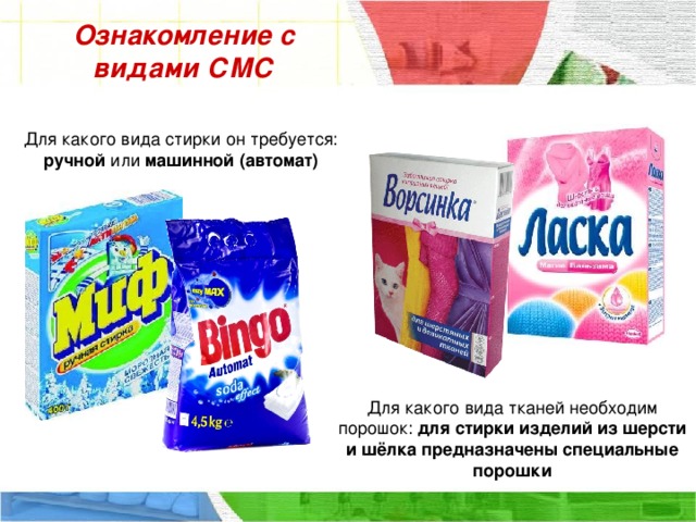 Ознакомление с видами СМС Для какого вида стирки он требуется: ручной или машинной (автомат) Для какого вида тканей необходим порошок: для стирки изделий из шерсти и шёлка предназначены специальные порошки