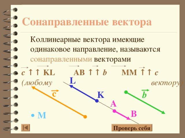 Сонаправленные вектора Коллинеарные вектора имеющие одинаковое направление, называются сонаправленными векторами c  ↑↑ KL AB ↑↑ b  MM ↑↑ c   (любому       вектору) L с b K A B М 11 