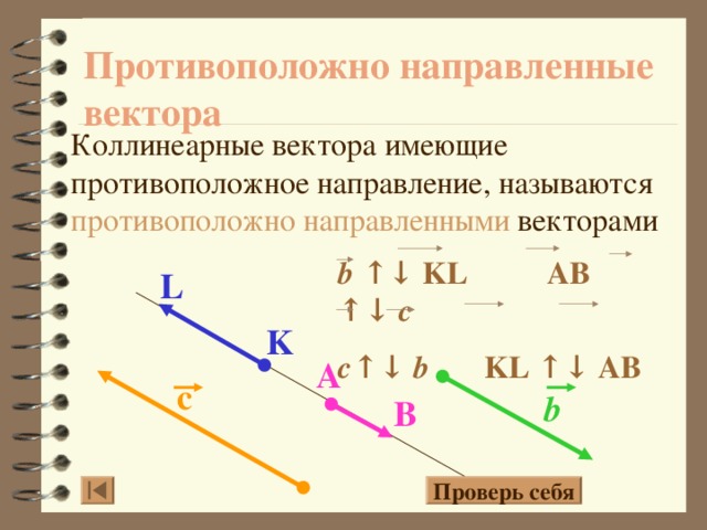 Противоположно направленные вектора Коллинеарные вектора имеющие противоположное направление, называются противоположно направленными векторами b  ↑↓ KL AB ↑↓ c c ↑↓ b KL ↑↓ AB L K A с b B 12 