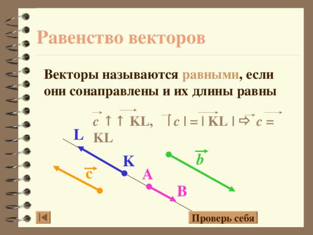 Равенство векторов Векторы называются равными , если они сонаправлены и их длины равны c  ↑↑ KL, | c | = | KL |   c = KL L b K с A B 13 