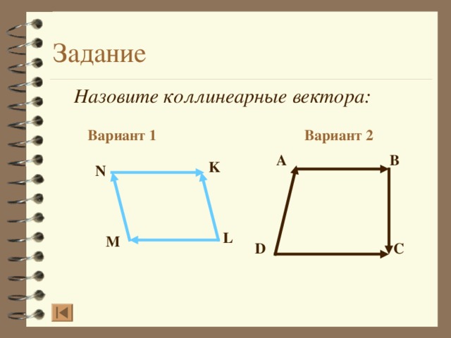 Назовите коллинеарные вектора: Вариант 2 Вариант 1 A B K N L M D C  