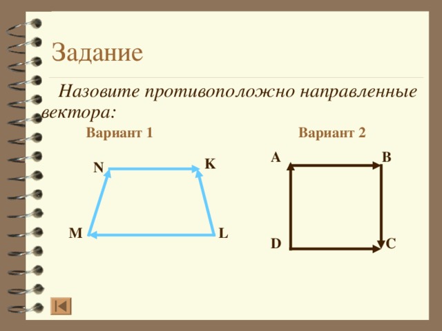 Назовите противоположно направленные вектора: Вариант 2 Вариант 1 A B K N L M D C  