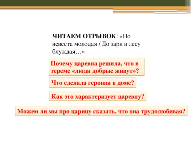 ЧИТАЕМ ОТРЫВОК : «Но невеста молодая / До зари в лесу блуждая…» Почему царевна решила, что в тереме «люди добрые живут»? Что сделала героиня в доме? Как это характеризует царевну? Можем ли мы про царицу сказать, что она трудолюбивая? 