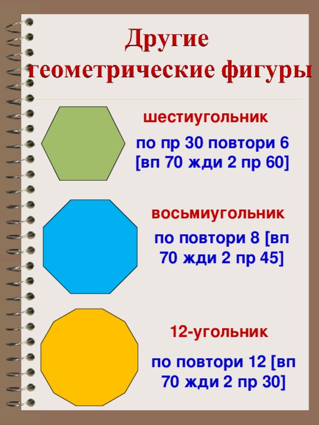 шестиугольник по пр 30 повтори 6 [вп 70 жди 2 пр 60] восьмиугольник по повтори 8 [вп 70 жди 2 пр 45] 12-угольник по повтори 12 [вп 70 жди 2 пр 30]