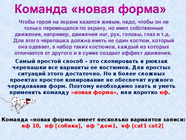 Чтобы герой на экране казался живым, надо, чтобы он не только перемещался по экрану, но имел собственные движения, например, движения ног, рук, головы, глаз и т.д. Для этого черепашка должна иметь не один костюм, который она одевает, а набор таких костюмов, каждый из которых отличается от другого и в сумме создает эффект движения . Самый простой способ – это скопировать в рюкзак черепашки все варианты ее костюмов. Для простых ситуаций этого достаточно. Но в более сложных проектах простое копирование не обеспечит нужного чередования форм. Поэтому необходимо знать и уметь применять команду «новая форма», или коротко нф . Команда «новая форма» имеет несколько вариантов записи: нф 10, нф [собака], нф “дом1, нф [cat1 cat2]