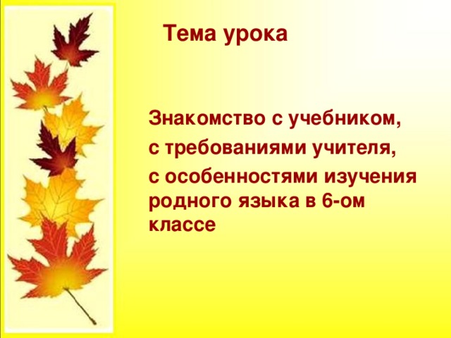 Тема урока  Знакомство с учебником,  с требованиями учителя,  с особенностями изучения родного языка в 6-ом классе 