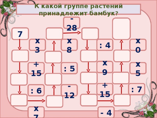 К какой группе растений принадлежит бамбук ? -28 0 48 20 7 х 0 : 4 х 3 х 8 21 40 5 6 х 9 х 5 : 5 +15 8 45 36 30 +15 : 7 -12 : 6 56 6 60 42 х 7 - 4