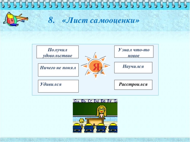 8. « Лист самооценки » Получил удовольствие Узнал что-то новое Я Научился Ничего не понял Удивился Расстроился