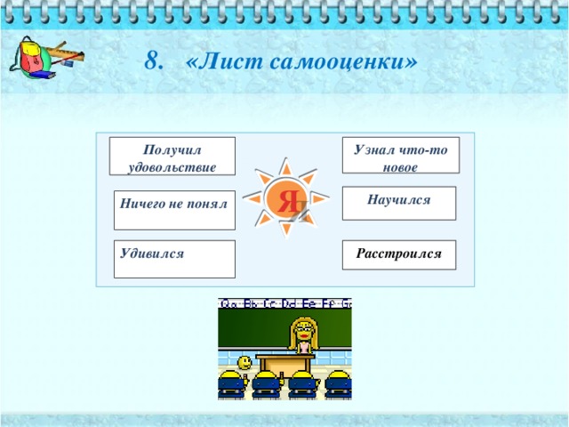 8. « Лист самооценки »   Получил удовольствие Узнал что-то новое Я Научился Ничего не понял Удивился Расстроился 