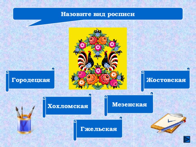 Назовите вид росписи Городецкая Жостовская Мезенская Хохломская Гжельская 