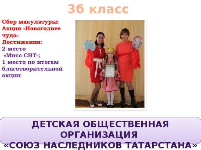 3б класс Сбор макулатуры; Акция «Новогоднее чудо» Достижения : 2 место  «Мисс СНТ»; 1 место по итогам благотворительной акции Детская общественная организация «союз наследников Татарстана» 