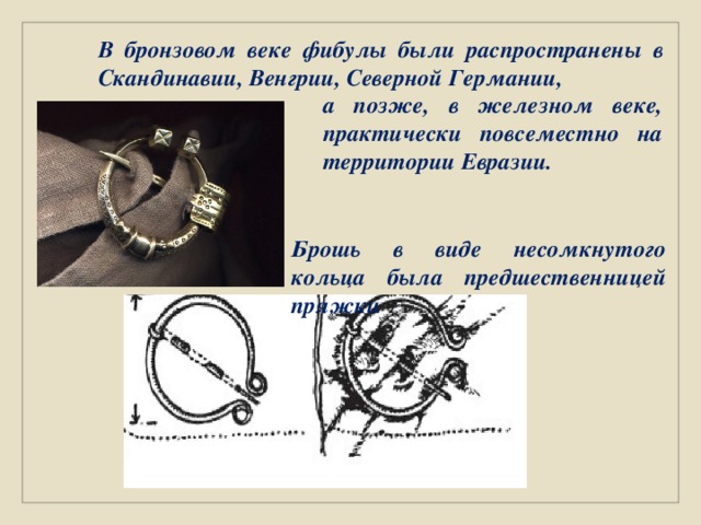 В бронзовом веке фибулы были распространены в Скандинавии, Венгрии, Северной Германии, а позже, в железном веке, практически повсеместно на территории Евразии. Брошь в виде несомкнутого кольца была предшественницей пряжки 