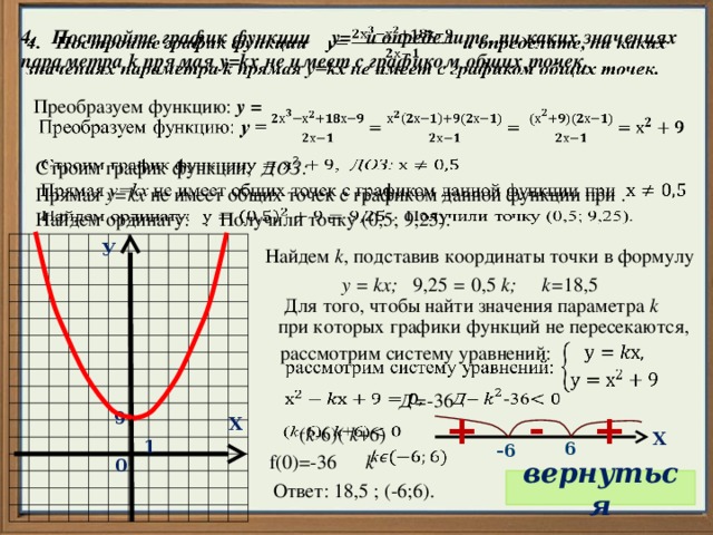 4. Постройте график функции у= и определите, пи каких значениях параметра k прямая у=kх не имеет с графиком общих точек.   Преобразуем функцию: у =         Прямая у=kх не имеет общих точек с графиком данной функции при . Строим график функции, ДОЗ:     Найдем ординату: . Получили точку (0,5; 9,25). У Найдем k , подставив координаты точки в формулу  у = kх; 9,25 = 0,5 k; k= 18,5 Для того, чтобы найти значения параметра k при  которых графики функций не пересекаются,   рассмотрим систему уравнений: Д= -36   - + + 9 Х ( k- 6)( k +6)   Х     k 1 6 -6 f(0)=-36 0 вернуться Ответ: 18,5 ; (-6;6). 