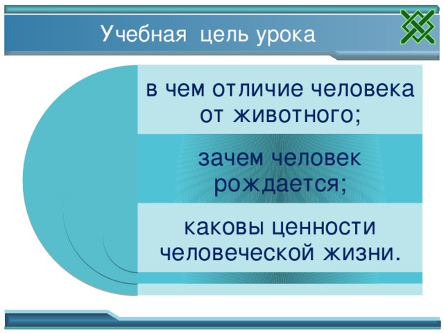 Учебная цель урока в чем отличие человека от животного; зачем человек рождается; каковы ценности человеческой жизни. Офрмление наиболее удачных целей урока. 8 