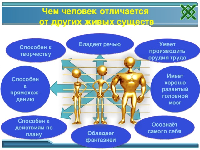 Чем человек отличается  от других живых существ Владеет речью Способен к творчеству Умеет производить орудия труда Имеет хорошо развитый головной мозг Способен к прямохож-дению На доске появляется готовый кластер /примерный/ Способен к действиям по плану Осознаёт самого себя Обладает фантазией 8 