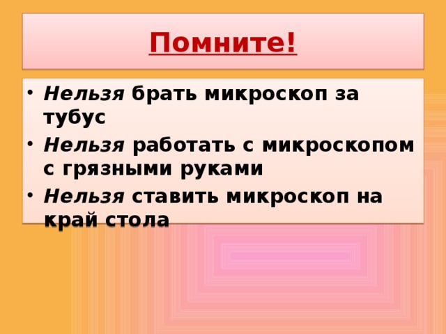 Помните! Нельзя брать микроскоп за тубус Нельзя работать с микроскопом с грязными руками Нельзя ставить микроскоп на край стола 