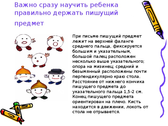 Важно сразу научить ребенка правильно держать пишущий предмет  При письме пишущий предмет лежит на верхней фаланге среднего пальца, фиксируется большим и указательным, большой палец расположен несколько выше указательного; опора на мизинец; средний и безымянный расположены почти перпендикулярно краю стола. Расстояние от нижнего кончика пишущего предмета до указательного пальца 1,5-2 см. Конец пишущего предмета ориентирован на плечо. Кисть находится в движении, локоть от стола не отрывается. 